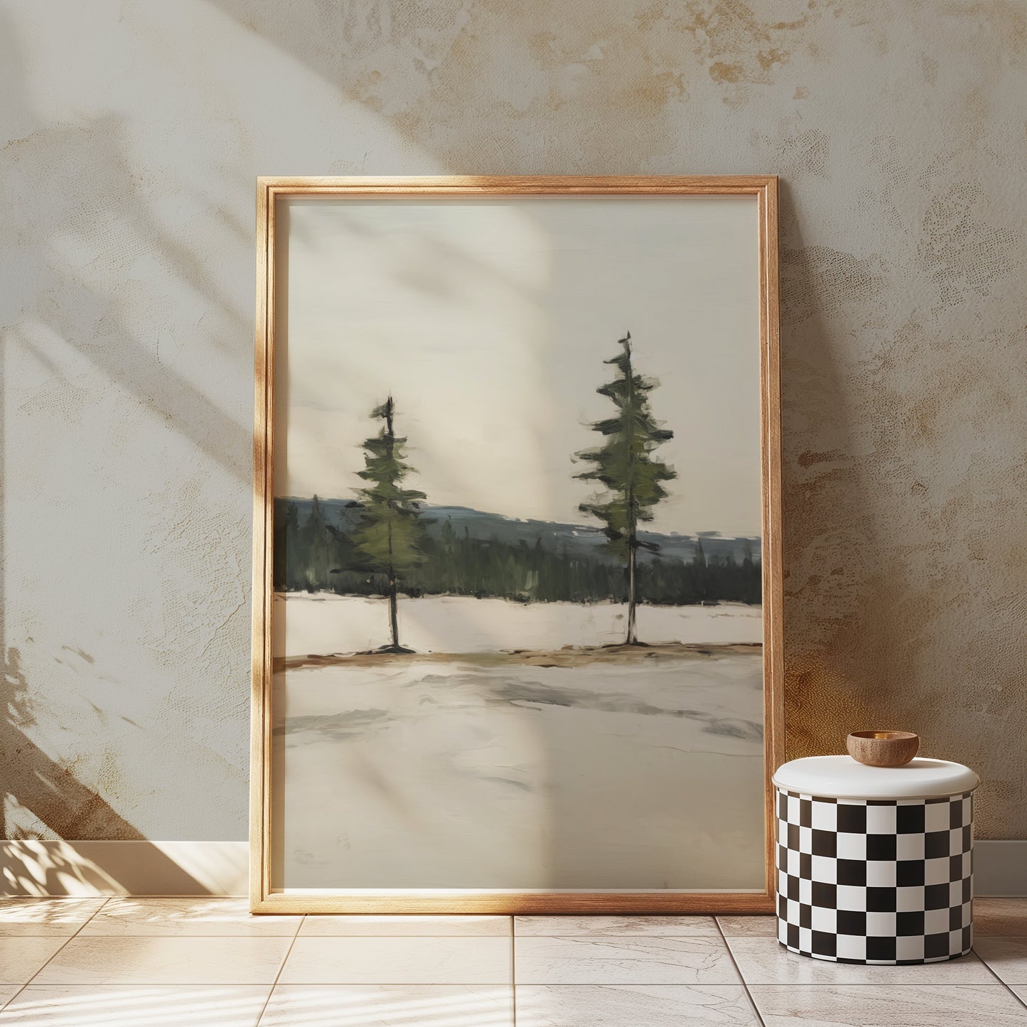 Premium Poster of Serene Landscape with Twin Evergreen Trees Posters