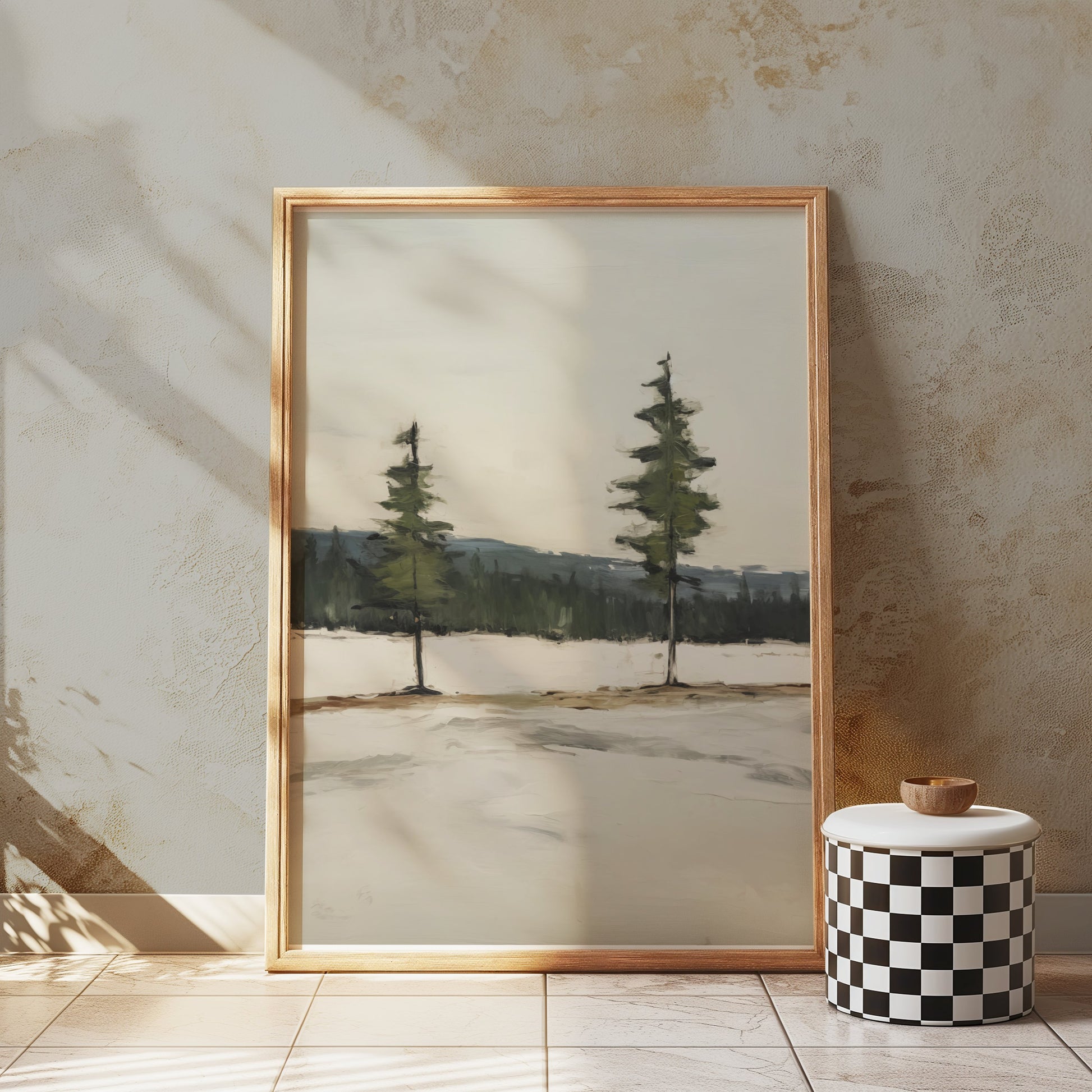 Premium Poster of Serene Landscape with Twin Evergreen Trees Posters