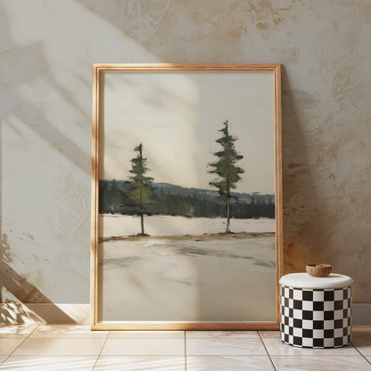 Premium Poster of Serene Landscape with Twin Evergreen Trees Posters