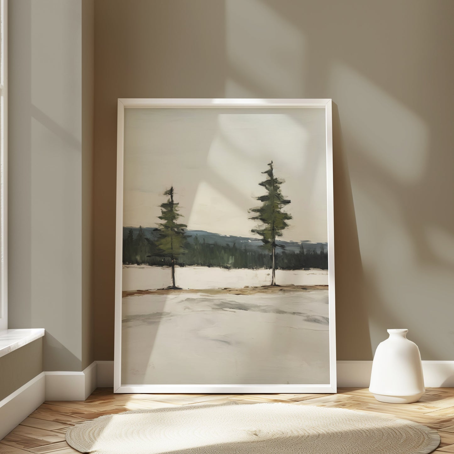 Premium Poster of Serene Landscape with Twin Evergreen Trees Posters