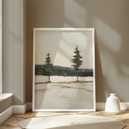 Premium Poster of Serene Landscape with Twin Evergreen Trees Posters