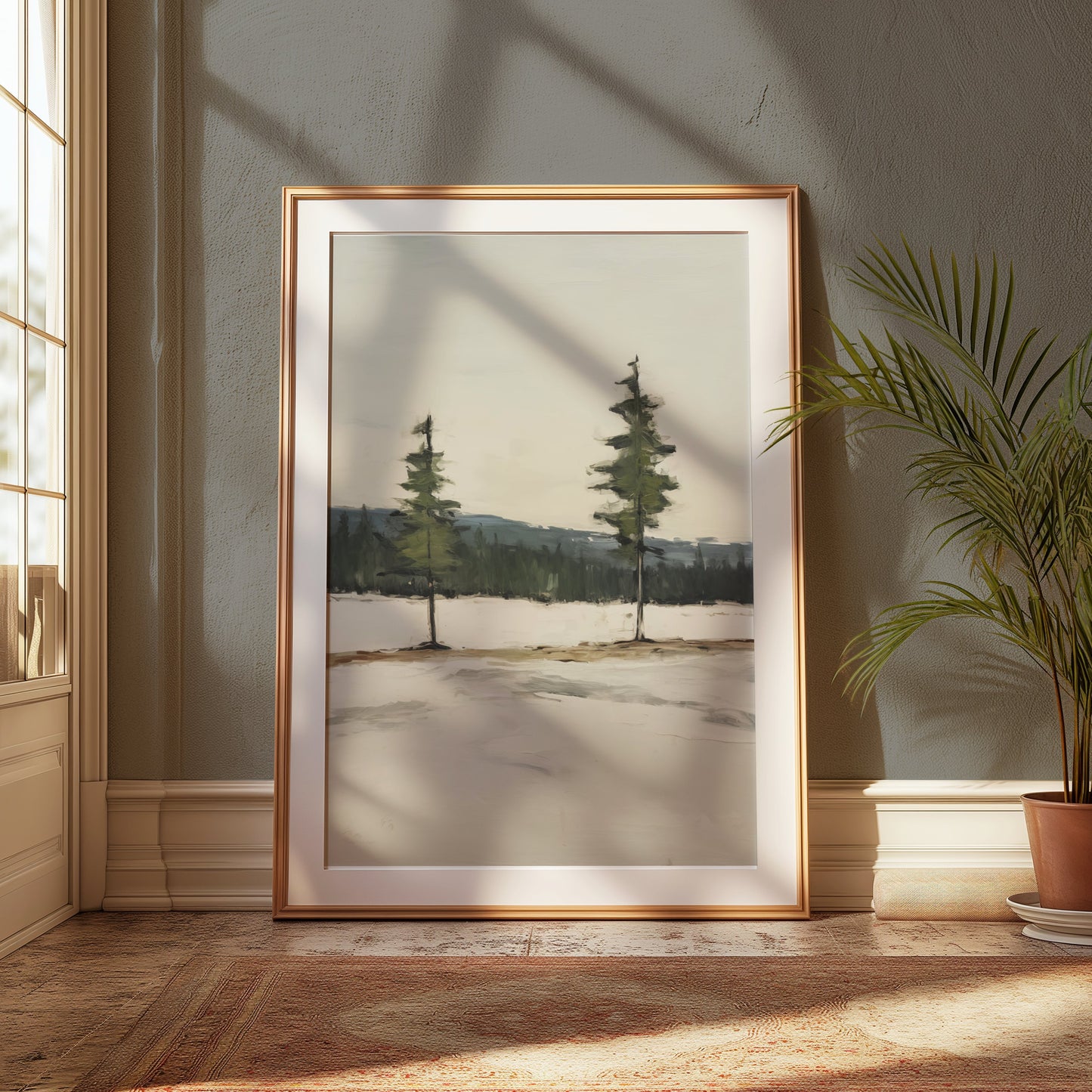 Premium Poster of Serene Landscape with Twin Evergreen Trees Posters