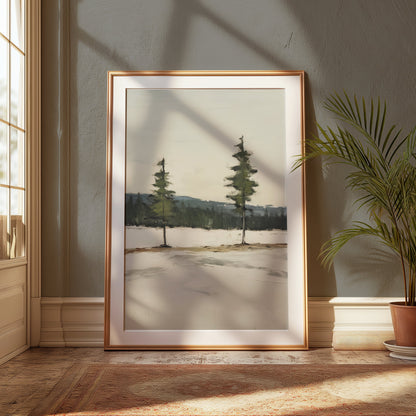 Premium Poster of Serene Landscape with Twin Evergreen Trees Posters