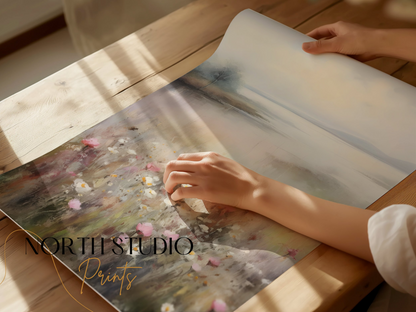 Premium Poster of Serene Landscape with Wildflowers and Lake Posters