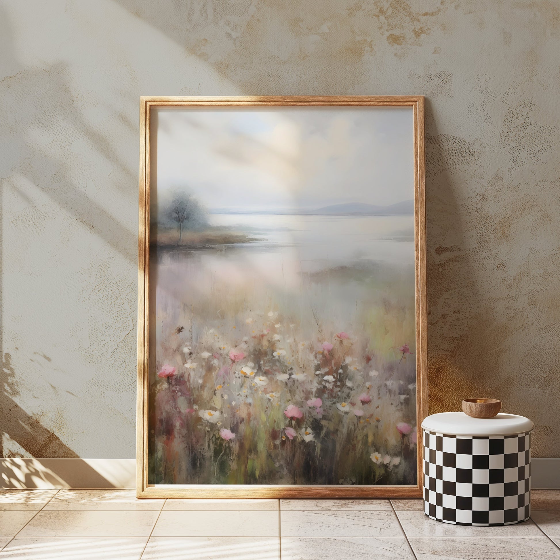 Premium Poster of Serene Landscape with Wildflowers and Lake Posters