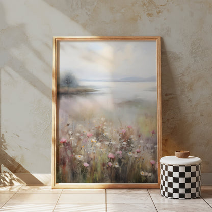 Premium Poster of Serene Landscape with Wildflowers and Lake Posters