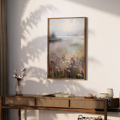 Premium Poster of Serene Landscape with Wildflowers and Lake Posters