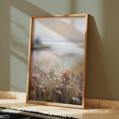 Premium Poster of Serene Landscape with Wildflowers and Lake Posters