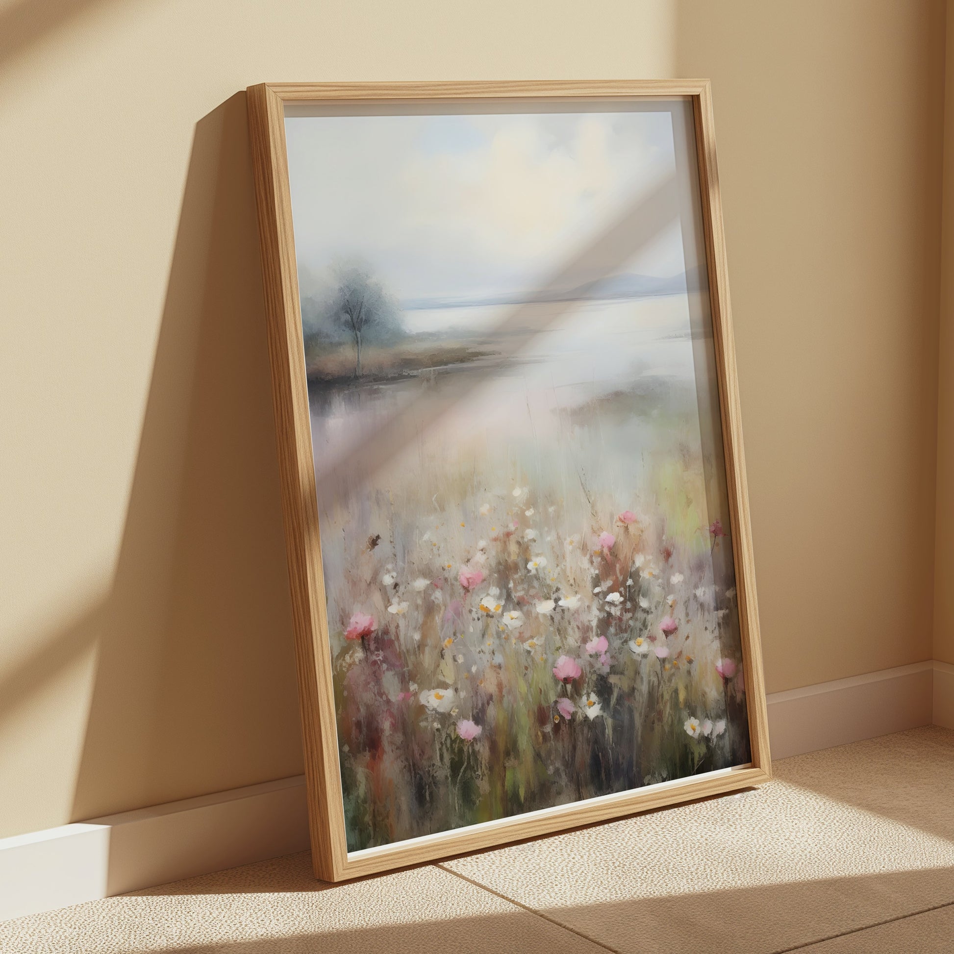 Premium Poster of Serene Landscape with Wildflowers and Lake Posters