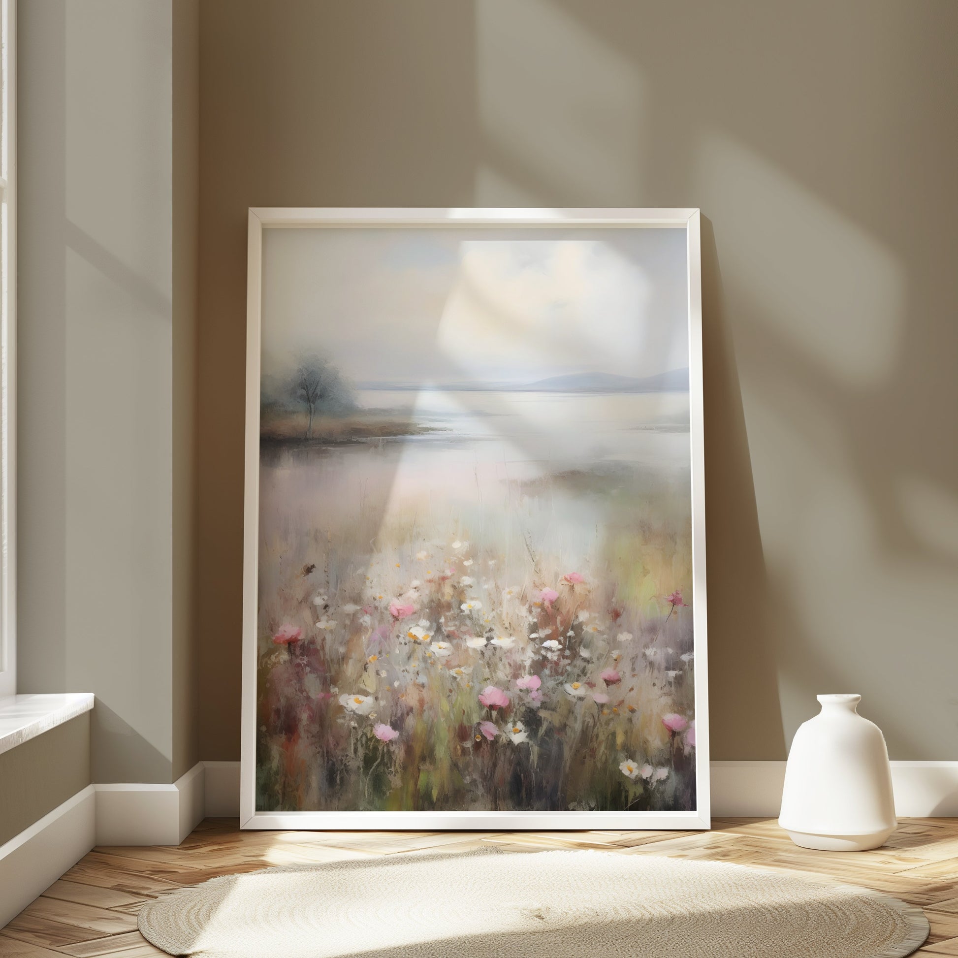 Premium Poster of Serene Landscape with Wildflowers and Lake Posters
