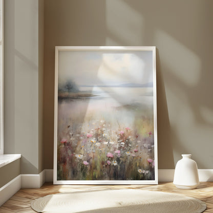 Premium Poster of Serene Landscape with Wildflowers and Lake Posters