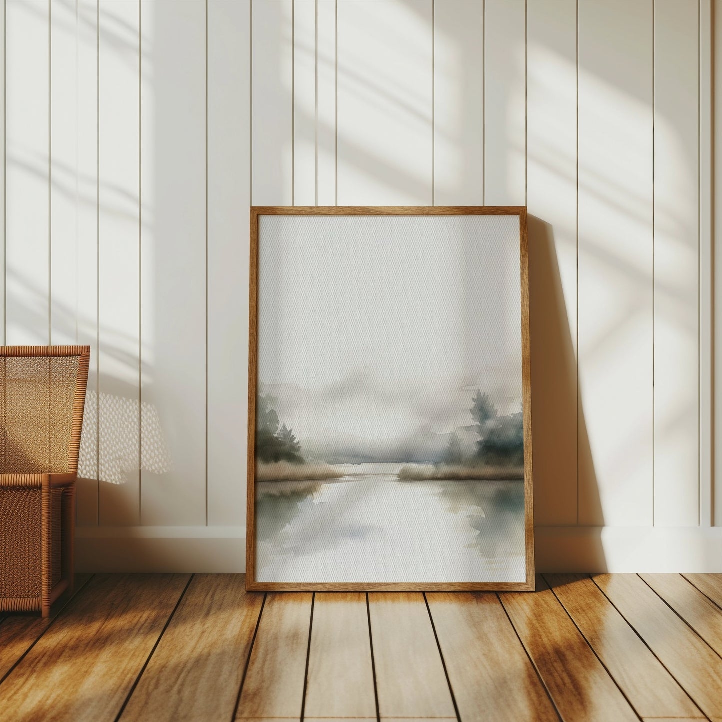 Premium Poster of Serene Misty Lake with Trees and Calm Reflection Posters