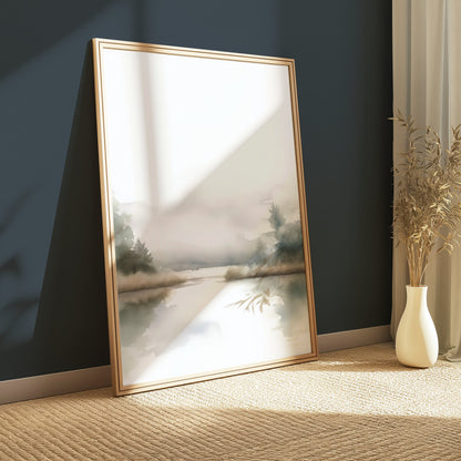 Premium Poster of Serene Misty Lake with Trees and Calm Reflection Posters
