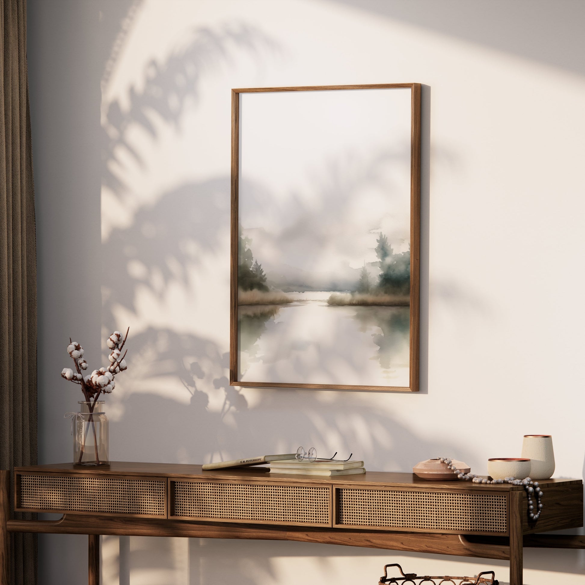 Premium Poster of Serene Misty Lake with Trees and Calm Reflection Posters