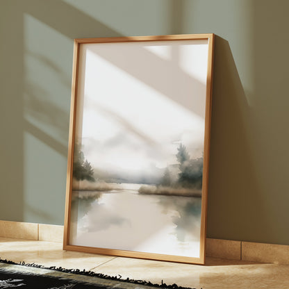 Premium Poster of Serene Misty Lake with Trees and Calm Reflection Posters