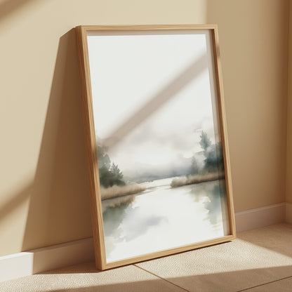 Premium Poster of Serene Misty Lake with Trees and Calm Reflection Posters