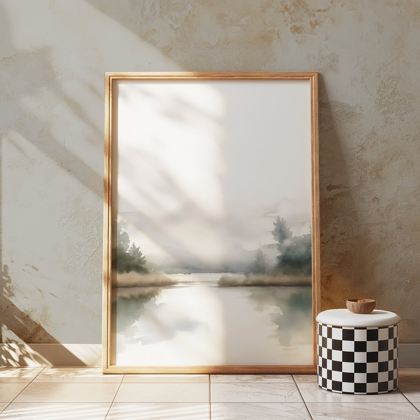 Premium Poster of Serene Misty Lake with Trees and Calm Reflection Posters