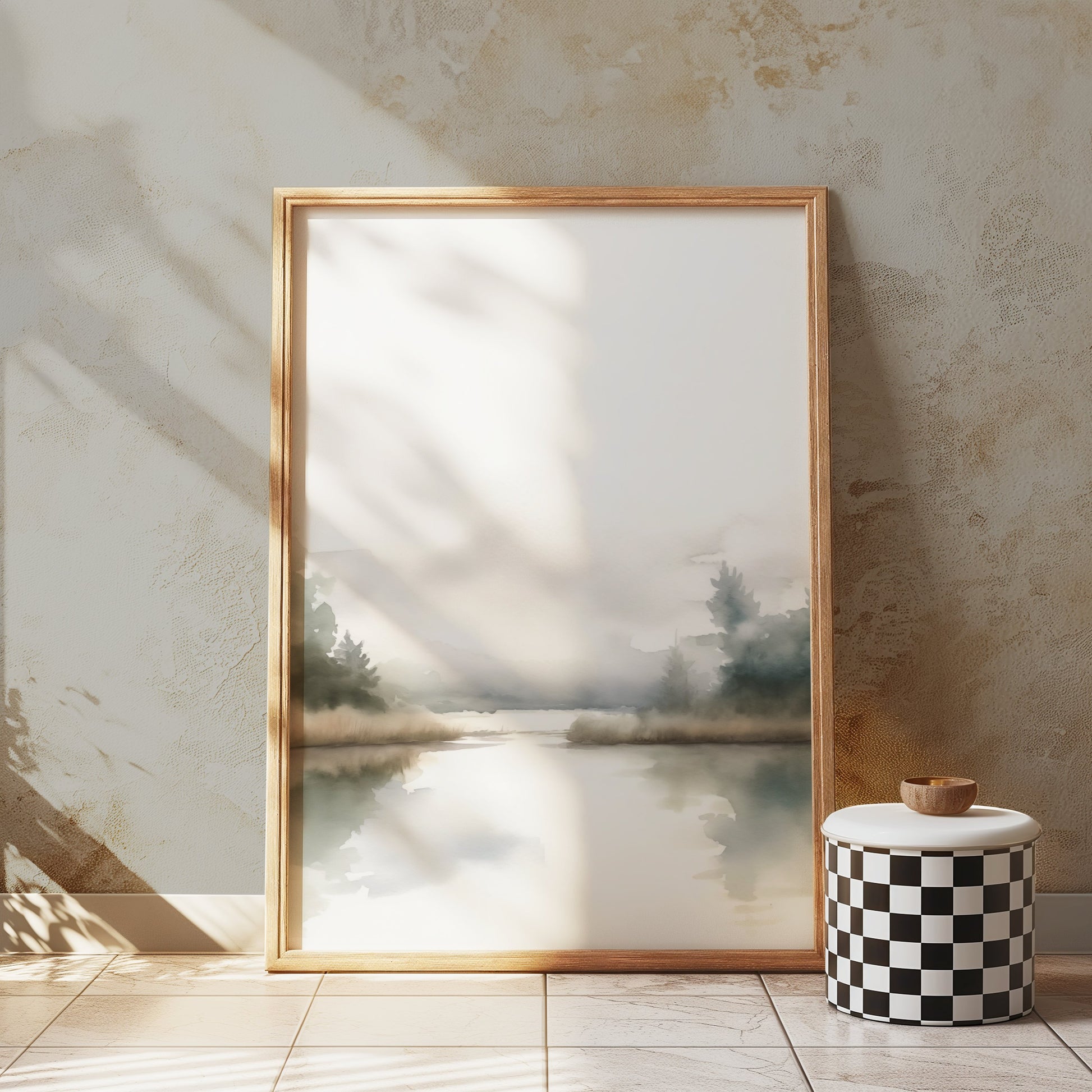 Premium Poster of Serene Misty Lake with Trees and Calm Reflection Posters