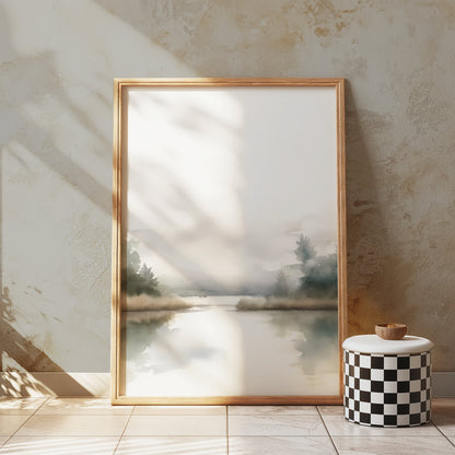 Premium Poster of Serene Misty Lake with Trees and Calm Reflection Posters