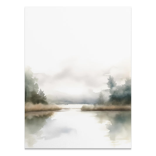 Premium Poster of Serene Misty Lake with Trees and Calm Reflection Posters