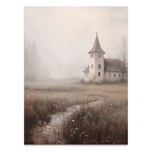 Premium Poster of Serene Misty Landscape Church Nature Wall Art Posters
