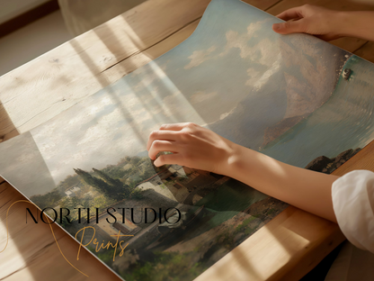 Premium Poster of Serene Mountain Lake Village Scene Art Prints Posters