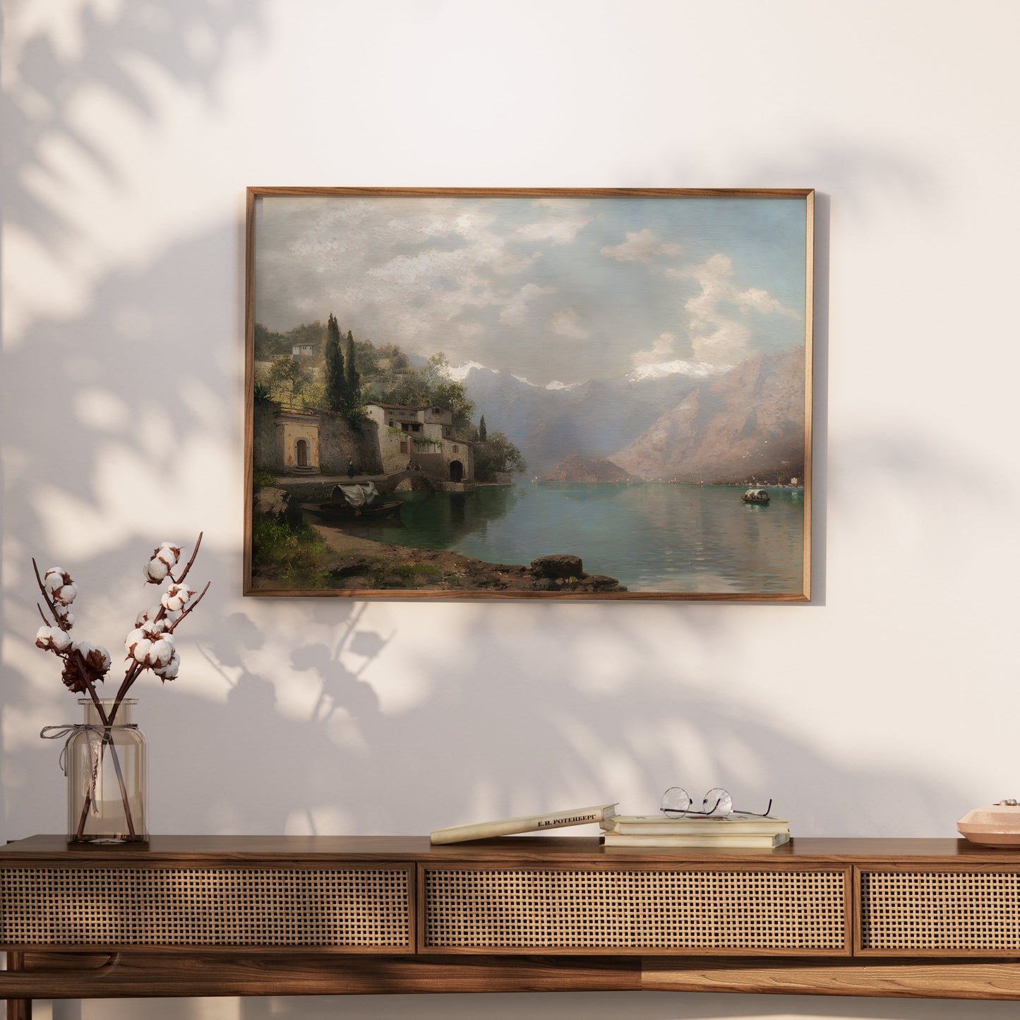 Premium Poster of Serene Mountain Lake Village Scene Art Prints Posters