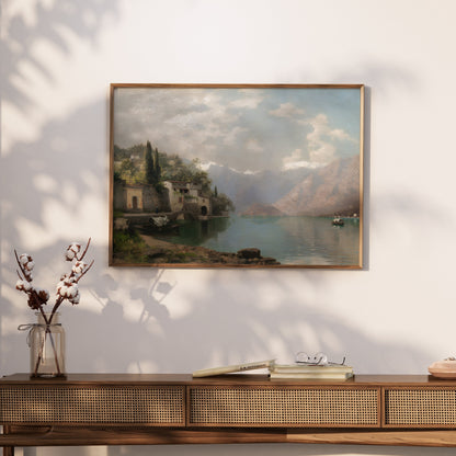 Premium Poster of Serene Mountain Lake Village Scene Art Prints Posters