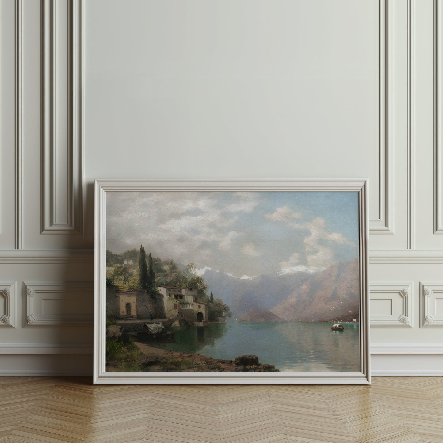 Premium Poster of Serene Mountain Lake Village Scene Art Prints Posters
