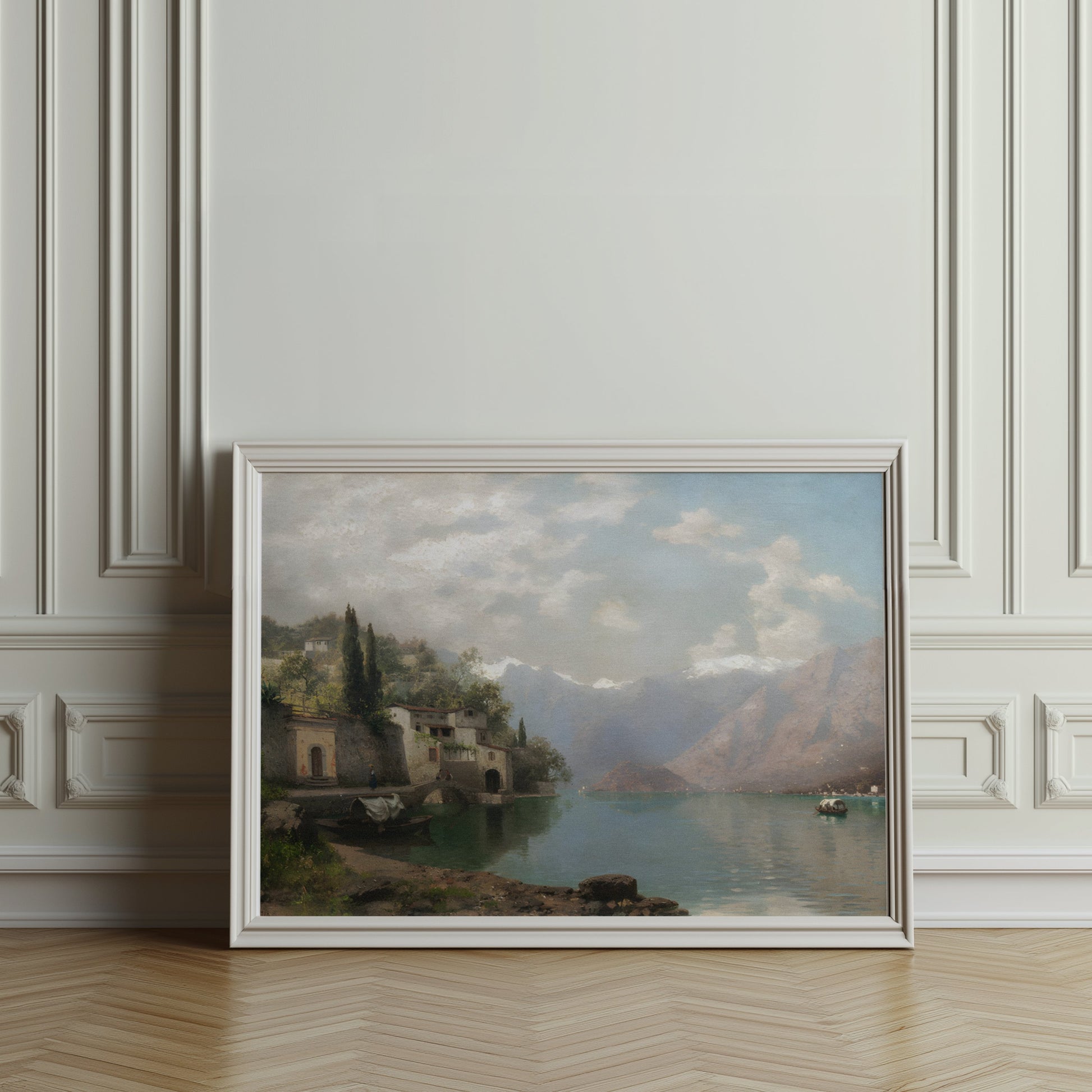Premium Poster of Serene Mountain Lake Village Scene Art Prints Posters