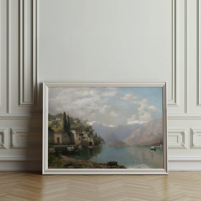 Premium Poster of Serene Mountain Lake Village Scene Art Prints Posters