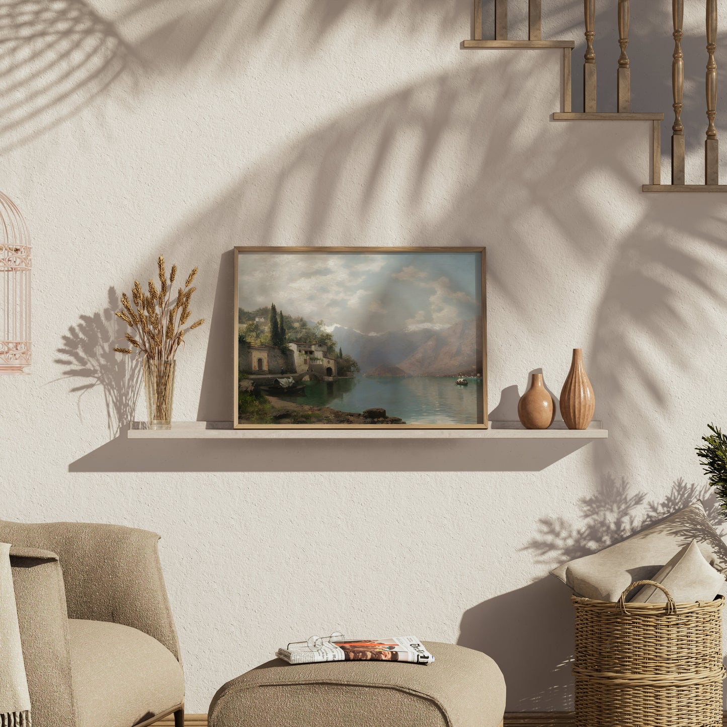 Premium Poster of Serene Mountain Lake Village Scene Art Prints Posters