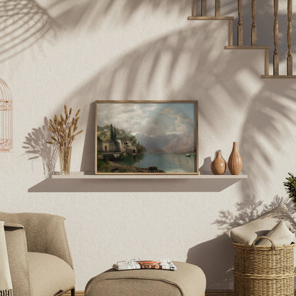 Premium Poster of Serene Mountain Lake Village Scene Art Prints Posters
