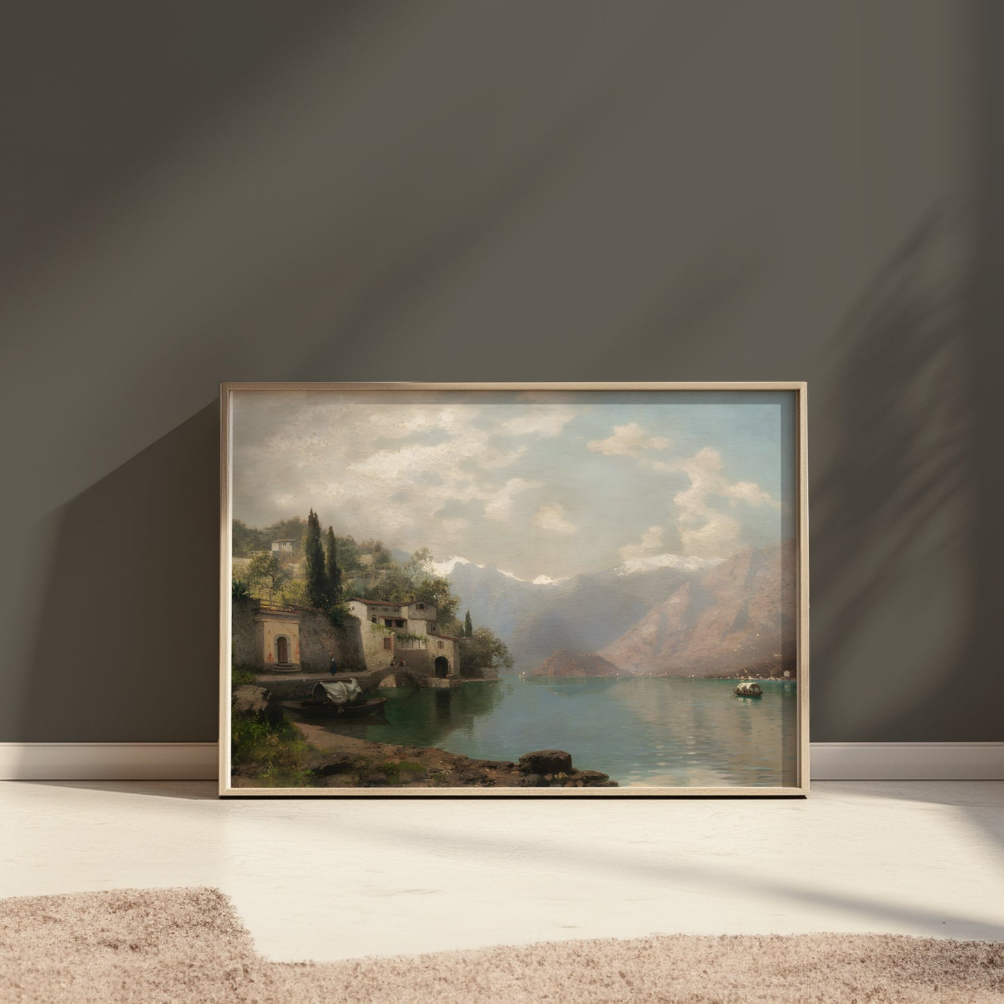 Premium Poster of Serene Mountain Lake Village Scene Art Prints Posters