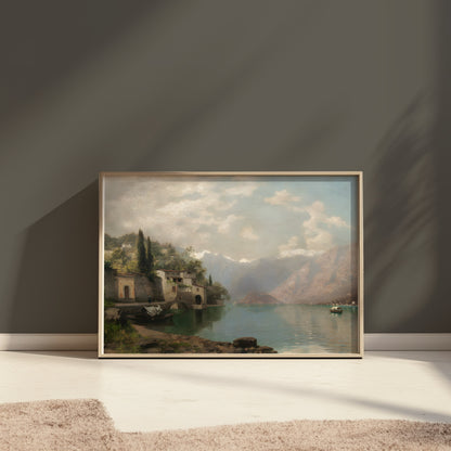 Premium Poster of Serene Mountain Lake Village Scene Art Prints Posters