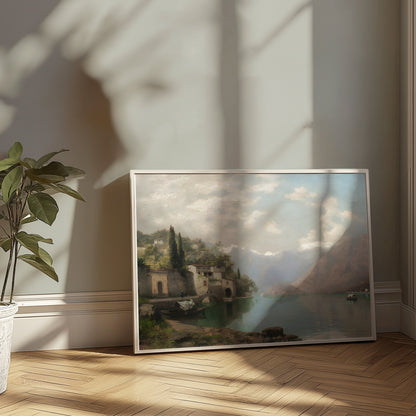 Premium Poster of Serene Mountain Lake Village Scene Art Prints Posters