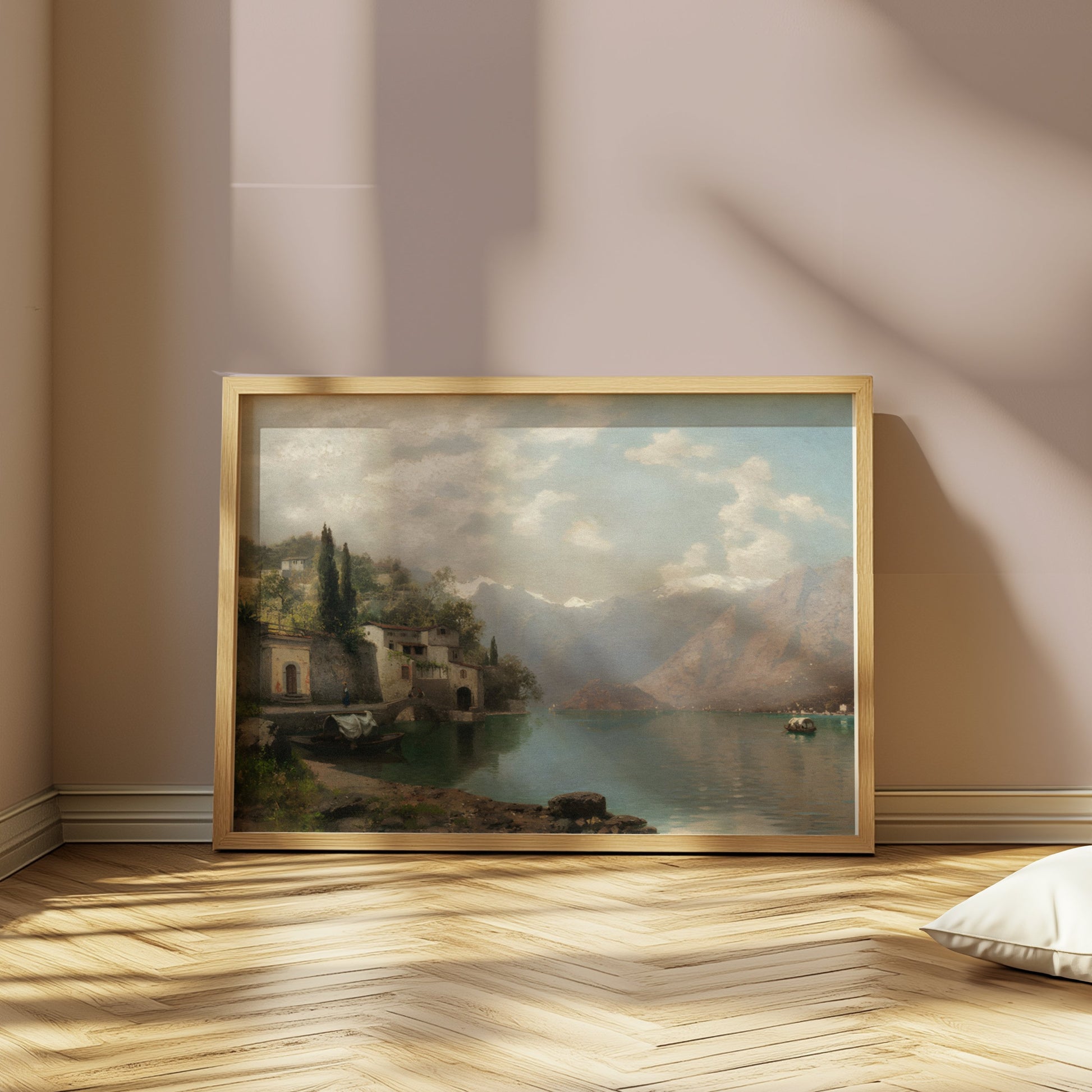 Premium Poster of Serene Mountain Lake Village Scene Art Prints Posters