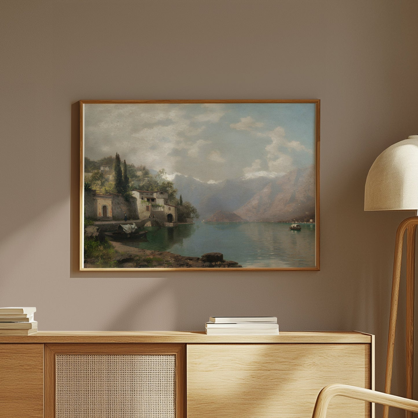 Premium Poster of Serene Mountain Lake Village Scene Art Prints Posters