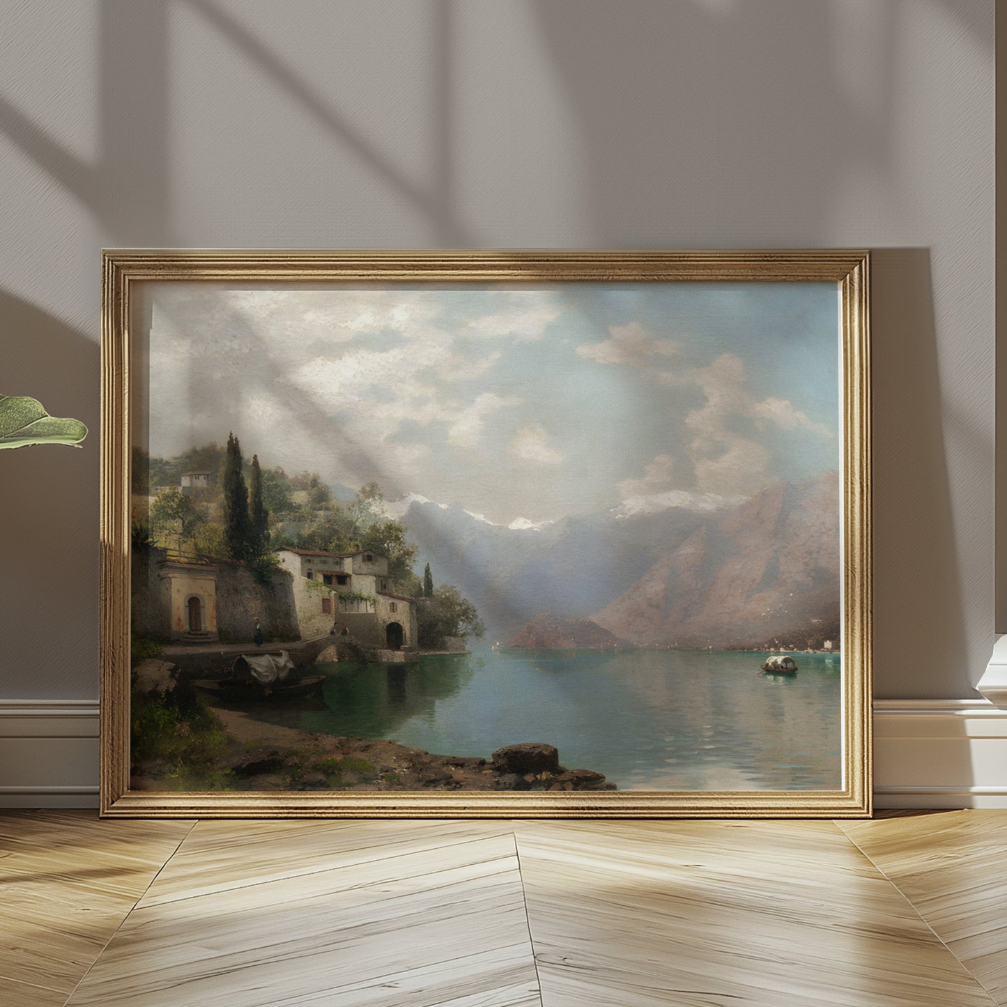 Premium Poster of Serene Mountain Lake Village Scene Art Prints Posters
