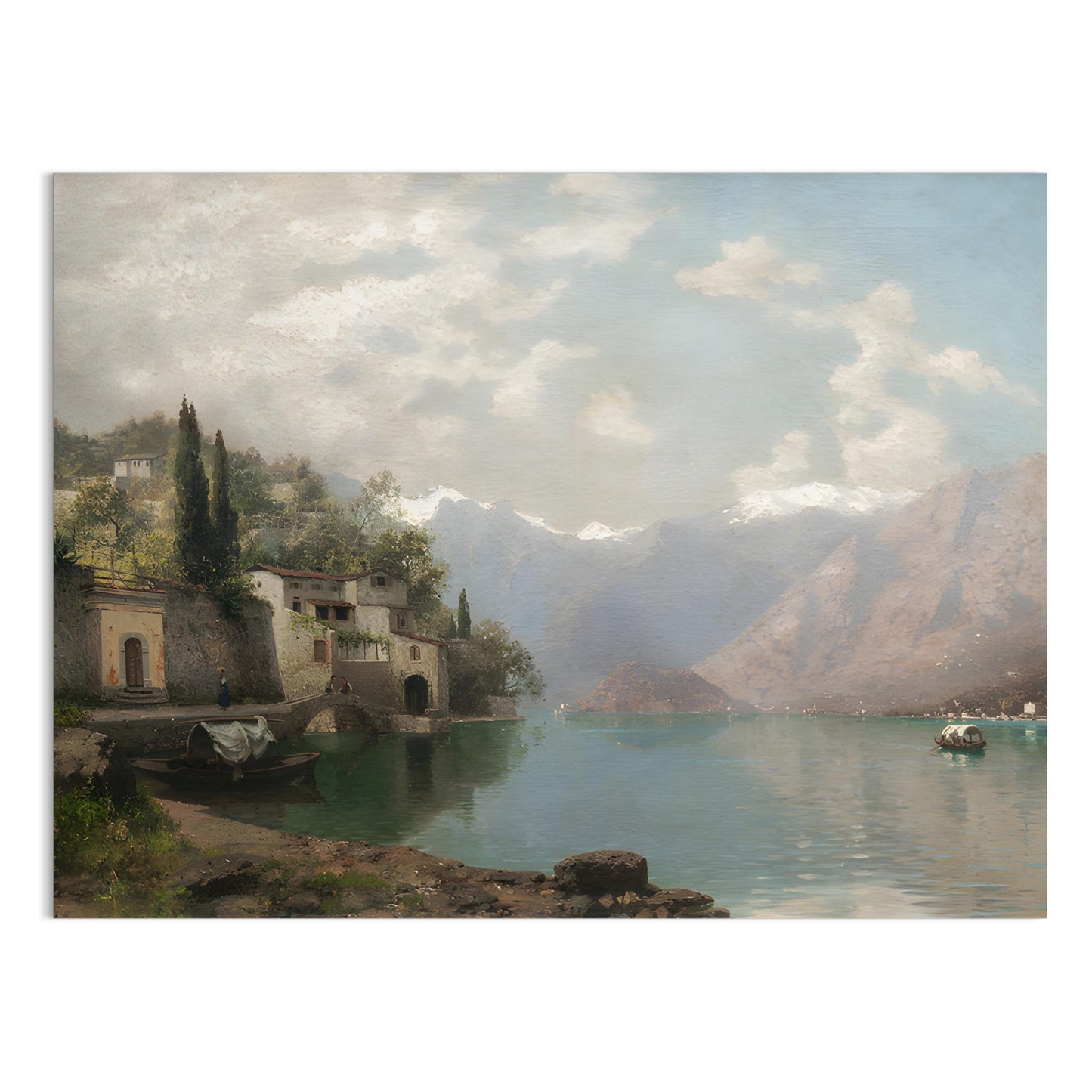 Premium Poster of Serene Mountain Lake Village Scene Art Prints Posters