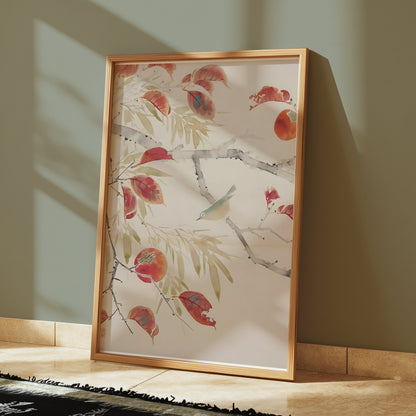 Premium Poster of Serene Nature Bird And Autumn Leaves Art Design Posters