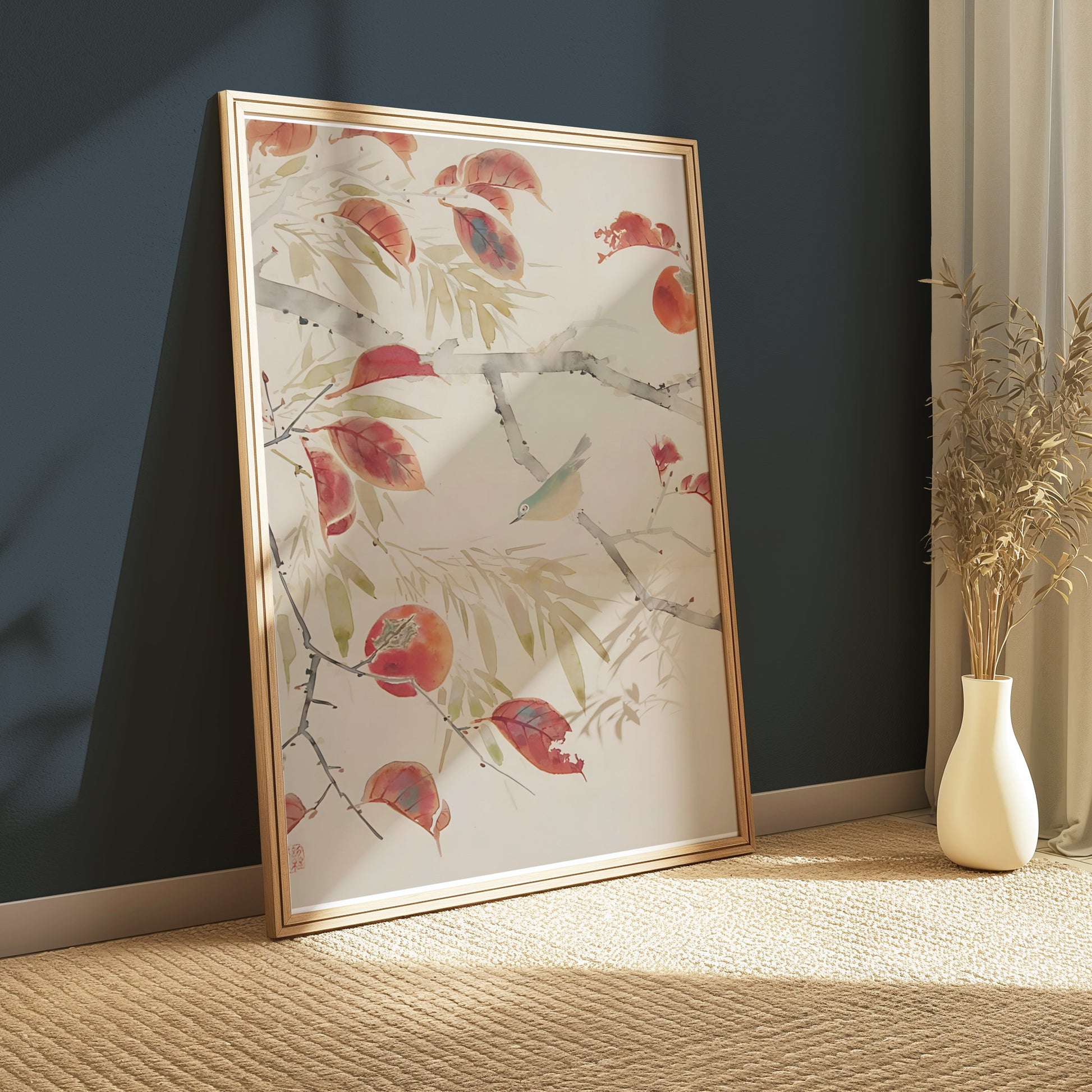 Premium Poster of Serene Nature Bird And Autumn Leaves Art Design Posters