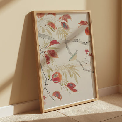 Premium Poster of Serene Nature Bird And Autumn Leaves Art Design Posters
