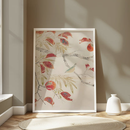 Premium Poster of Serene Nature Bird And Autumn Leaves Art Design Posters