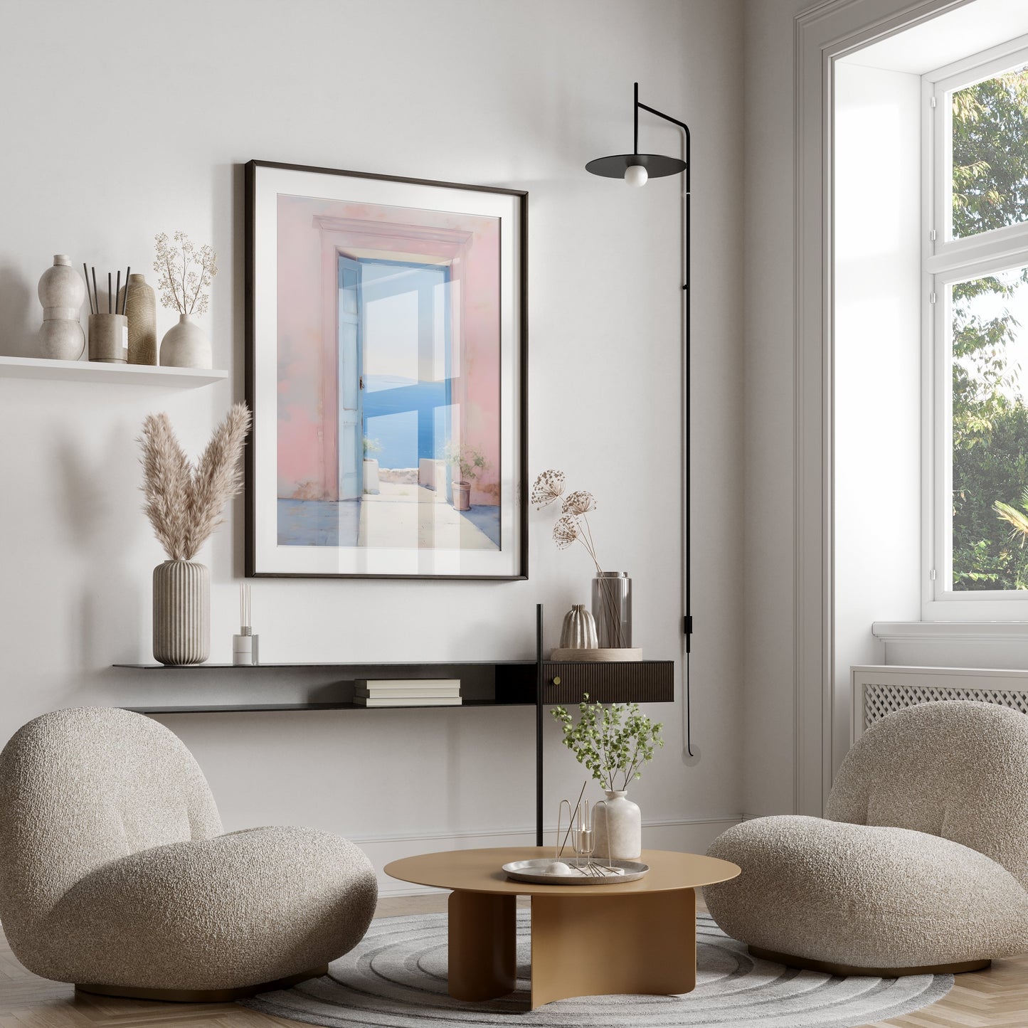 Premium Poster of Serene Ocean View Through Pastel Open Door Posters