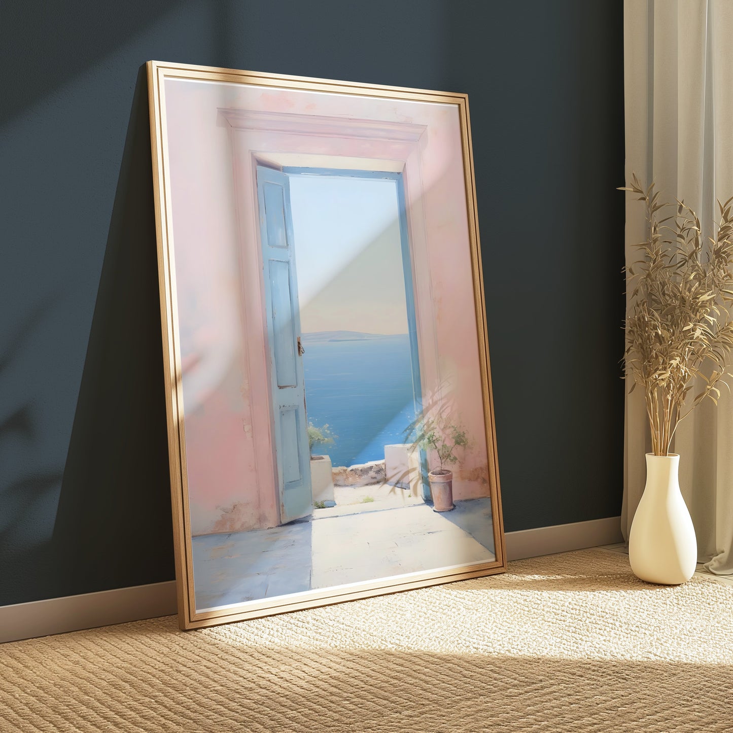 Premium Poster of Serene Ocean View Through Pastel Open Door Posters