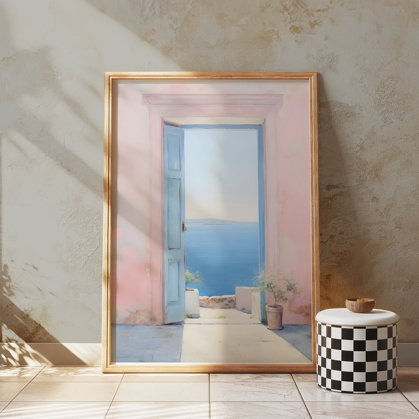 Premium Poster of Serene Ocean View Through Pastel Open Door Posters