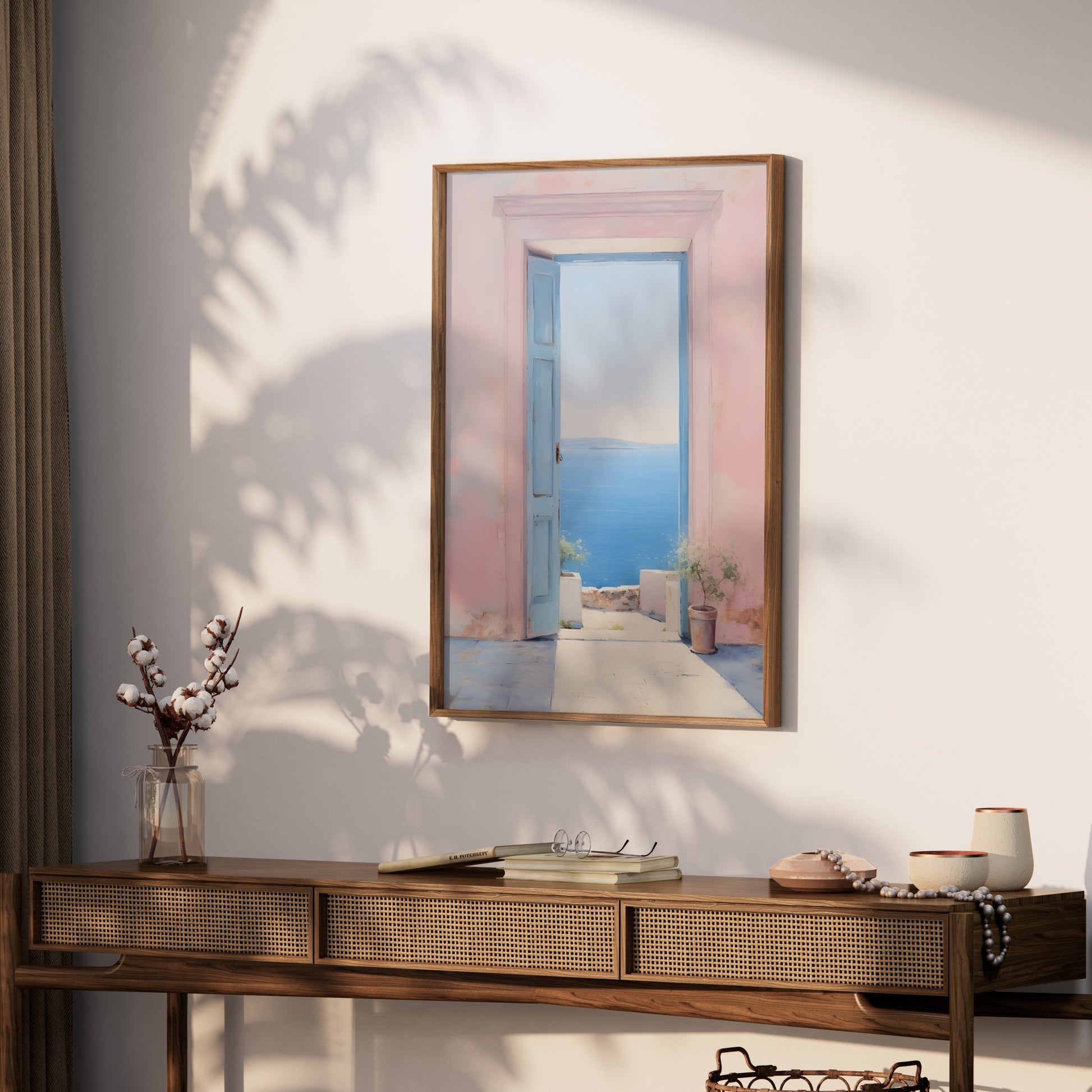 Premium Poster of Serene Ocean View Through Pastel Open Door Posters