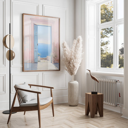 Premium Poster of Serene Ocean View Through Pastel Open Door Posters