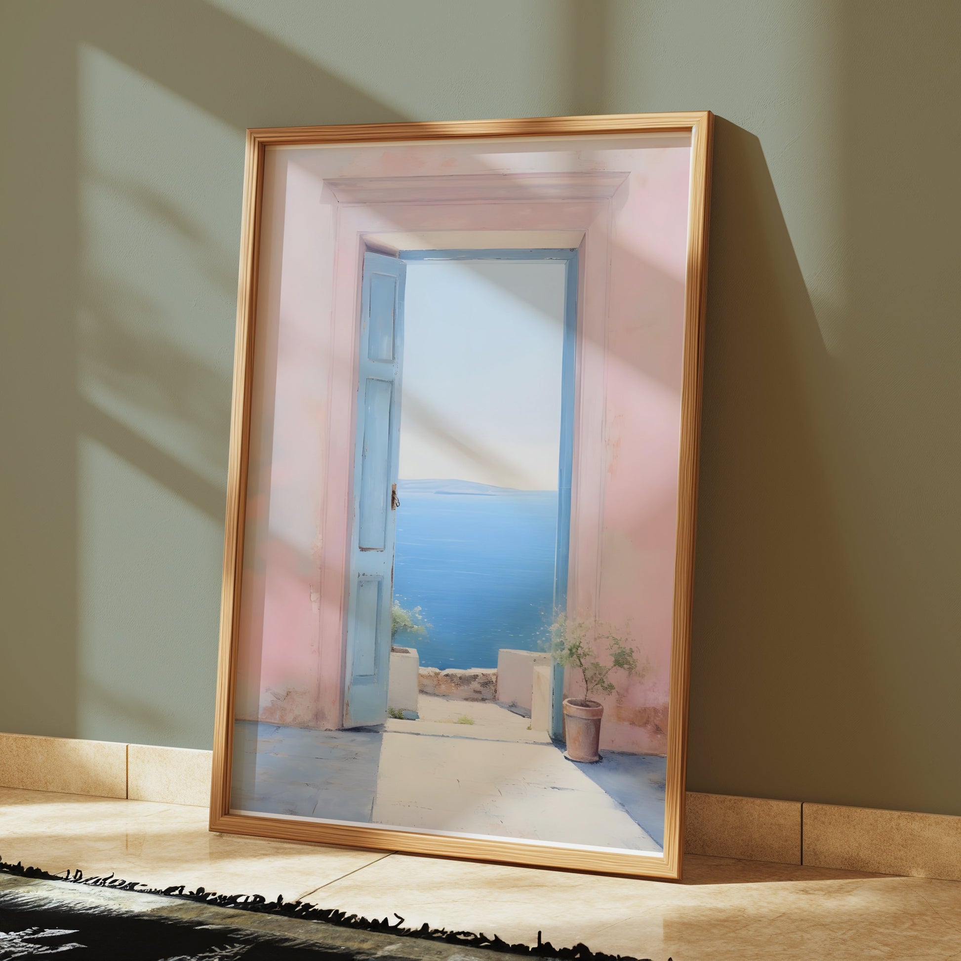Premium Poster of Serene Ocean View Through Pastel Open Door Posters